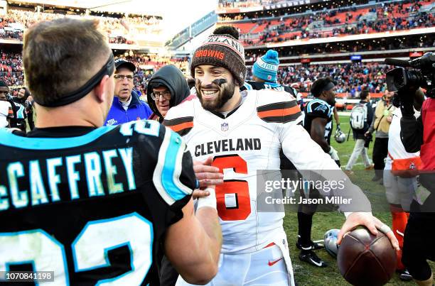 Baker Mayfield of the Cleveland Browns is congratulated by Christian McCaffrey of the Carolina Panthers after Cleveland's 26-20 win at FirstEnergy...