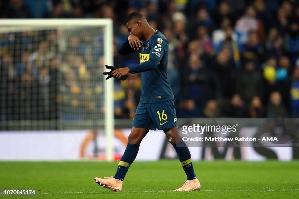 Wilmar Barrios of Boca Juniors walks off after being shown a red card during the second leg of the final match of Copa CONMEBOL Libertadores 2018...