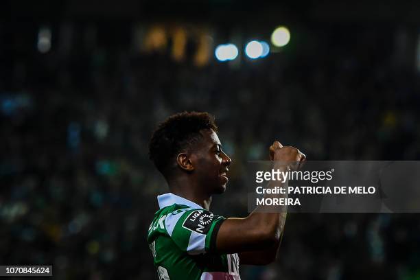 Sporting's Malian forward Abdoulay Diaby celebrates after scoring during the Portuguese League football match Sporting CP vs CD Aves at Alvalade...