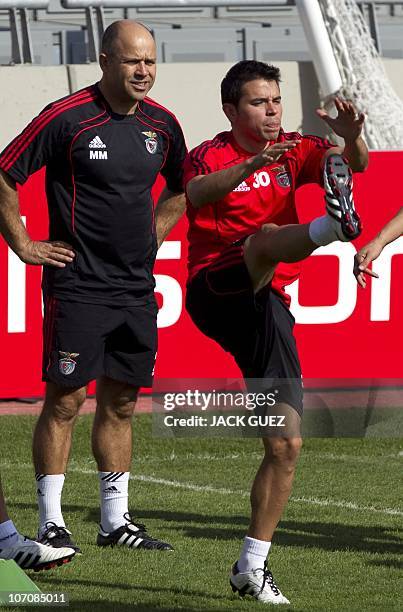 Portuguese Benfica football forward Javier Saviola attends a training session at Bloomfield Stadium in Tel Aviv on November 23, 2010 on the eve of...