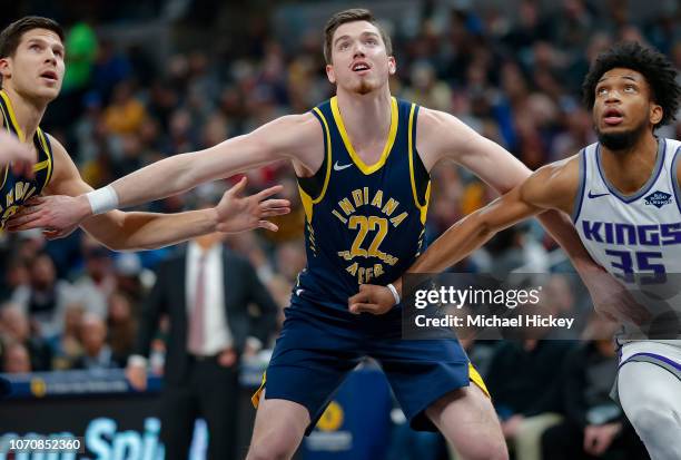 Leaf of the Indiana Pacers blocks out during the game against the Sacramento Kings at Bankers Life Fieldhouse on December 8, 2018 in Indianapolis,...