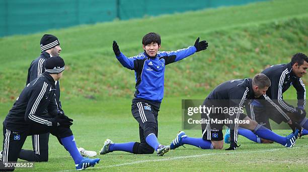 Heung Min Son gestures during the Hamburger SV training session at Imtech Arena on November 23, 2010 in Hamburg, Germany.