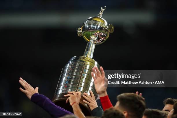 Detail View as the River Plate players celebrate with the trophy at the end of the second leg of the final match of Copa CONMEBOL Libertadores 2018...