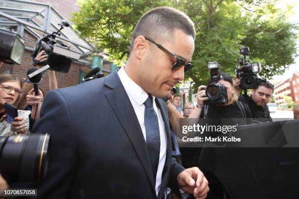 Jarryd Hayne leaves the Burwood Local Court on December 10, 2018 in Sydney, Australia. The former Parramatta Eels fullback is charged with aggravated...