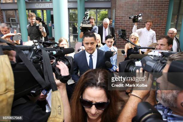 Jarryd Hayne leaves the Burwood Local Court on December 10, 2018 in Sydney, Australia. The former Parramatta Eels fullback is charged with aggravated...
