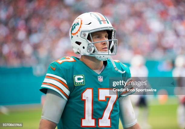 Miami Dolphins quarterback Ryan Tannehill on the sidelines during the NFL football game between the New England Patriots and the Miami Dolphins on...