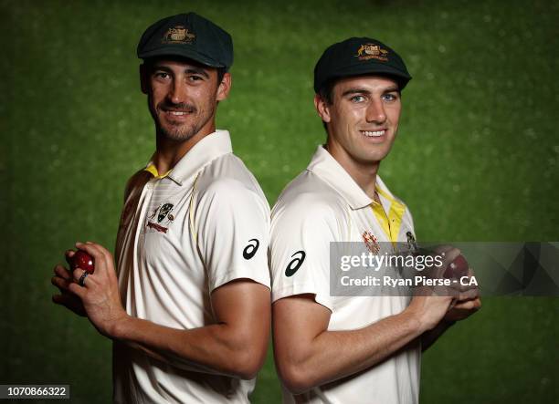 Mitchell Starc and Pat Cummins of Australia pose during the Australian Men's Test Portrait Session on September 27, 2018 in Brisbane, Australia.