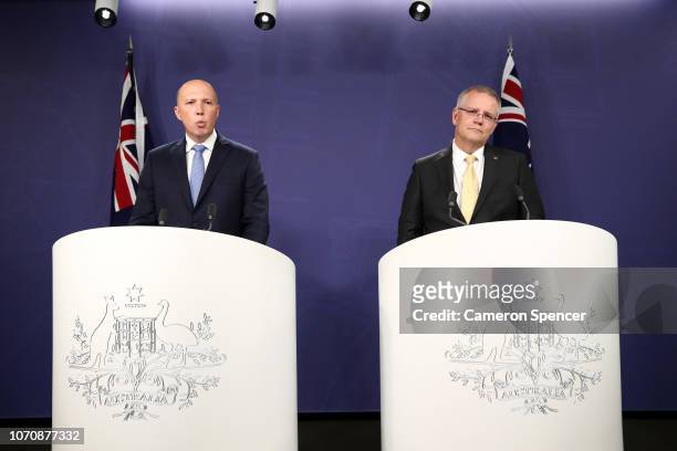 Prime Minister Scott Morrison and Minister for Home Affairs Peter Dutton speaks during a press conference on November 22, 2018 in Sydney, Australia....