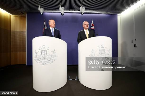 Prime Minister Scott Morrison and Minister for Home Affairs Peter Dutton speaks during a press conference on November 22, 2018 in Sydney, Australia....