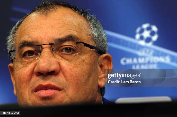 Head coach Felix Magath looks on during a FC Schalke 04 press conference ahead of the UEFA Champions League match against Olympique Lyon at Veltins...