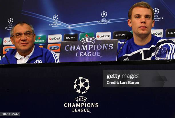 Head coach Felix Magath and goalkeeper Manuel Neuer are seen during a FC Schalke 04 press conference ahead of the UEFA Champions League match against...