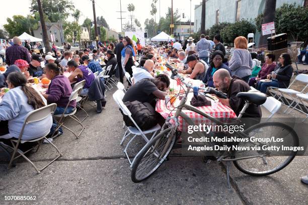 People enjoy meals during the Hope of the Valley Rescue Mission 10th Annual Great Thanksgiving Banquet Wednesday, Nov 21, 2018 in Van Nuys, Ca. The...