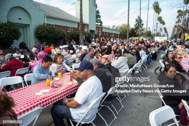 People enjoy meals during the Hope of the Valley Rescue Mission 10th Annual Great Thanksgiving Banquet Wednesday, Nov 21, 2018 in Van Nuys, Ca. The...