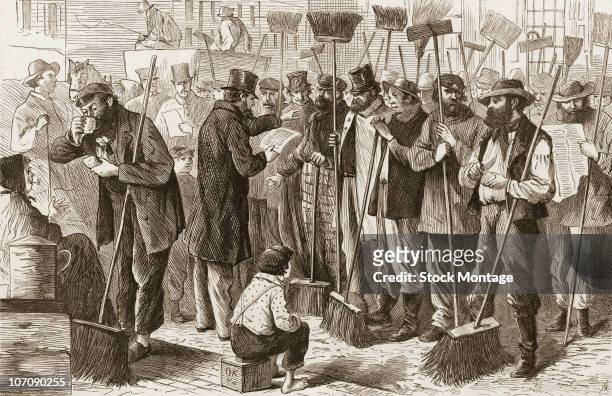 Street-sweepers answering to the Inspector's call-roll, New York, circa 1868.