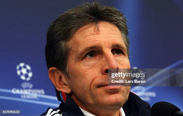 Head coach Claude Puel looks on during a Olympique Lyon press conference ahead of the UEFA Champions League match against FC Schalke 04 at Veltins...