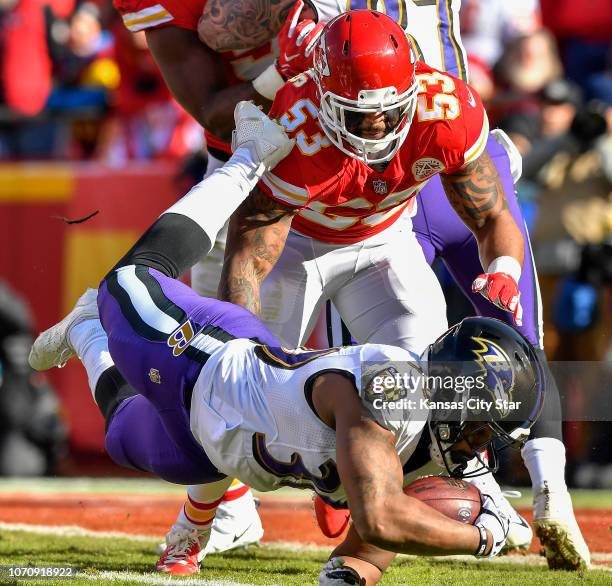 Kansas City Chiefs inside linebacker Anthony Hitchens couldn't stop Baltimore Ravens running back Kenneth Dixon on a three-yard touchdown run in the...