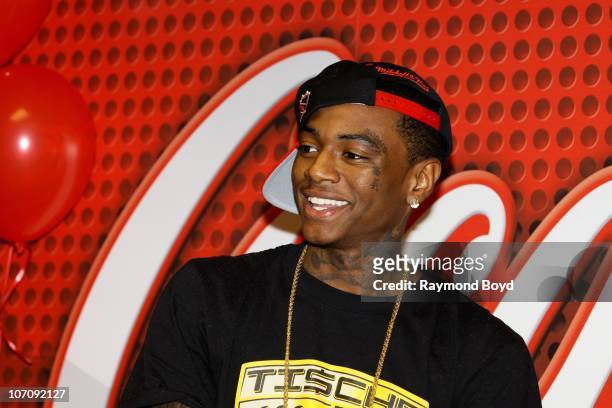 Rapper Soulja Boy is interviewed during a visit to the WGCI-FM "Coca-Cola Lounge" in Chicago, Illinois on NOV 22, 2010.