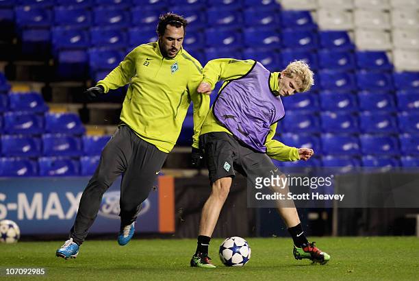 Hugo Miguel Almeida in action with Marko Arnautovic of Werder Bremen in action during training ahead of their UEFA Champions League Group A match...