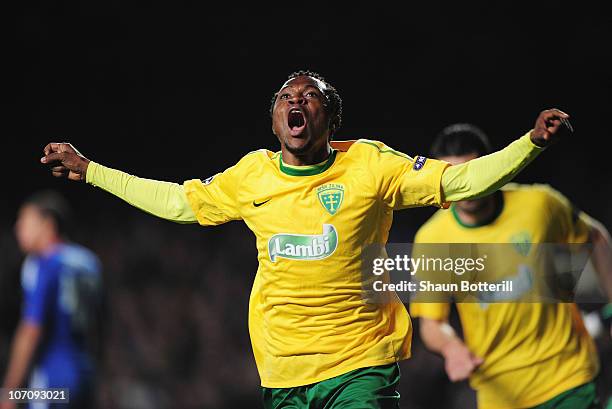 Babatounde Bello of MSK Zilina celebrates scoring the opening goal during the UEFA Champions League Group F match between Chelsea and MSK Zilina at...