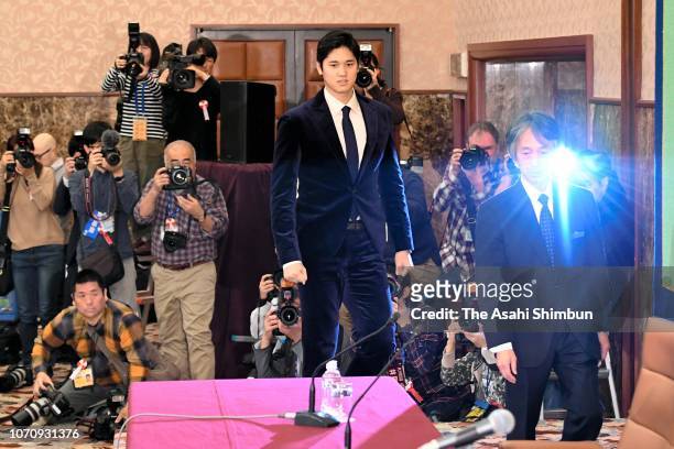Shohei Ohtani of the Los Angeles Angels attends a press conference at the Japan National Press Club on November 22, 2018 in Tokyo, Japan.