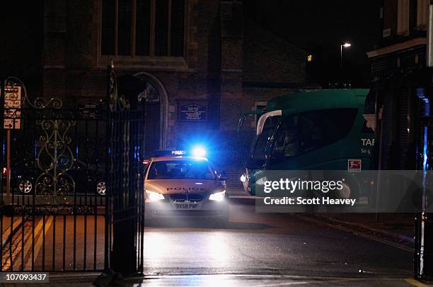 The Werder Bremen team coach arrives at White Hart Lane after being involved in a road traffic accident ahead of their UEFA Champions League Group A...