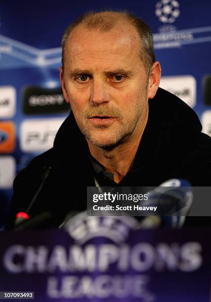 Werder Bremen manager Thomas Schaaf talks to the media to preview their UEFA Champions League Group A match against Tottenham Hotspur on November 23,...