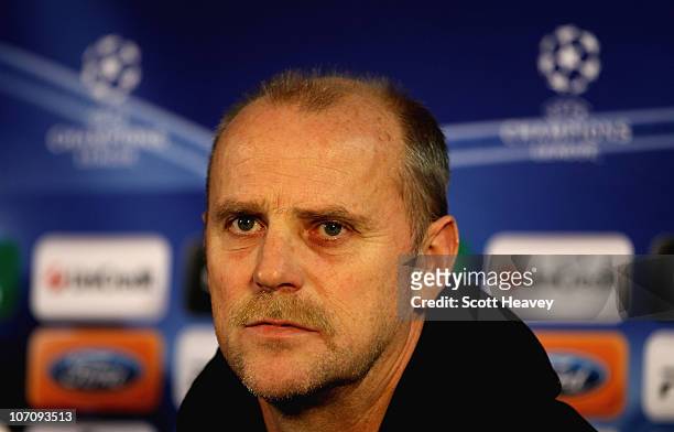 Werder Bremen manager Thomas Schaaf talks to the media to preview their UEFA Champions League Group A match against Tottenham Hotspur on November 23,...