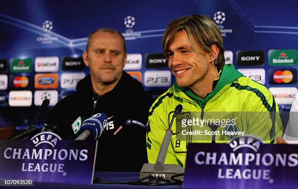 Werder Bremen manager Thomas Schaaf and Clemens Fritz talk to the media to preview their UEFA Champions League Group A match against Tottenham...