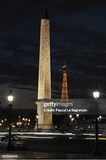 The obelisque and the Eiffel tower are seen on November 23, 2010 in Paris, France.