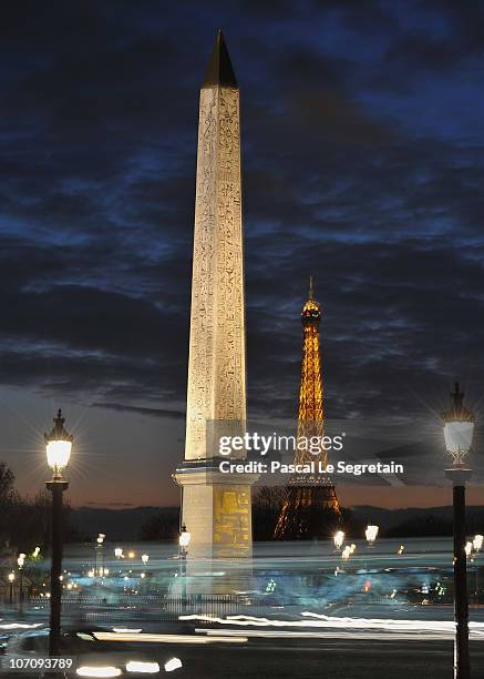 The obelisque and the Eiffel tower are seen on November 23, 2010 in Paris, France.