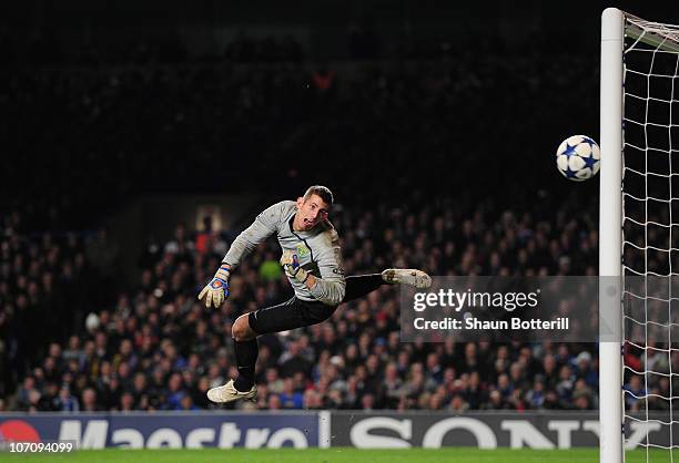 Martin Dubravka of MSK Zilina can only watch as a free kick by Didier Drogba of Chelsea hits the post during the UEFA Champions League group F match...