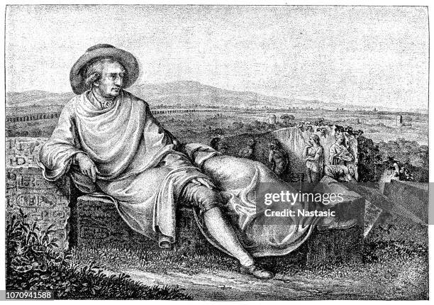 ilustraciones, imágenes clip art, dibujos animados e iconos de stock de goethe en la campagna romana es una pintura de 1787 por johann heinrich wilhelm tischbein - johann wolfgang von goethe