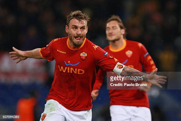 Daniele De Rossi of AS Roma celebrates after scoring the second goal during the UEFA Champions League Group E match between AS Roma and FC Bayern...