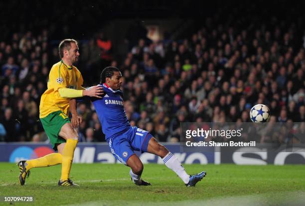 Florent Malouda of Chelsea scoring his side's second goal during the UEFA Champions League group F match between Chelsea and MSK Zilina at Stamford...