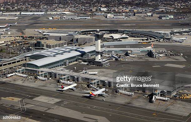 An aerial view of John F. Kennedy International Airport on November 9, 2010 in the Jamaica neighborhood of the Queens borough of New York City.