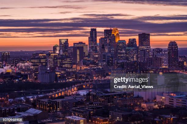 minneapolis - golden hour - aerial view - minneapolis skyline stock pictures, royalty-free photos & images