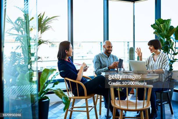 three relaxed business colleagues meeting in cafe - group of people cafe stockfoto's en -beelden