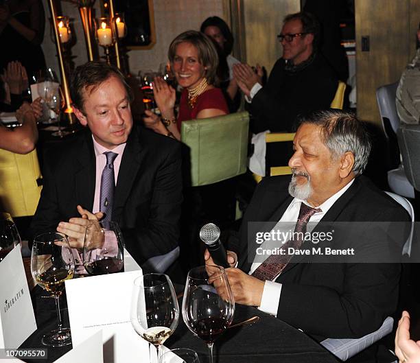 Geordie Greig and V.S. Naipaul attend the Liberatum dinner hosted by Ella Krasner in honour of Sir V.S. Naipaul at The Landau in The Langham Hotel on...