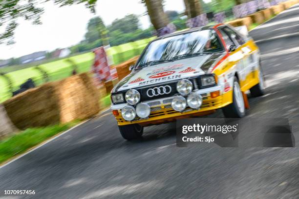 audi quattro classic coupe rally car - rally car racing stock pictures, royalty-free photos & images