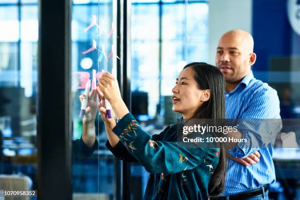 chinese businesswoman sticking notes on glass with colleague - future innovation foto e immagini stock