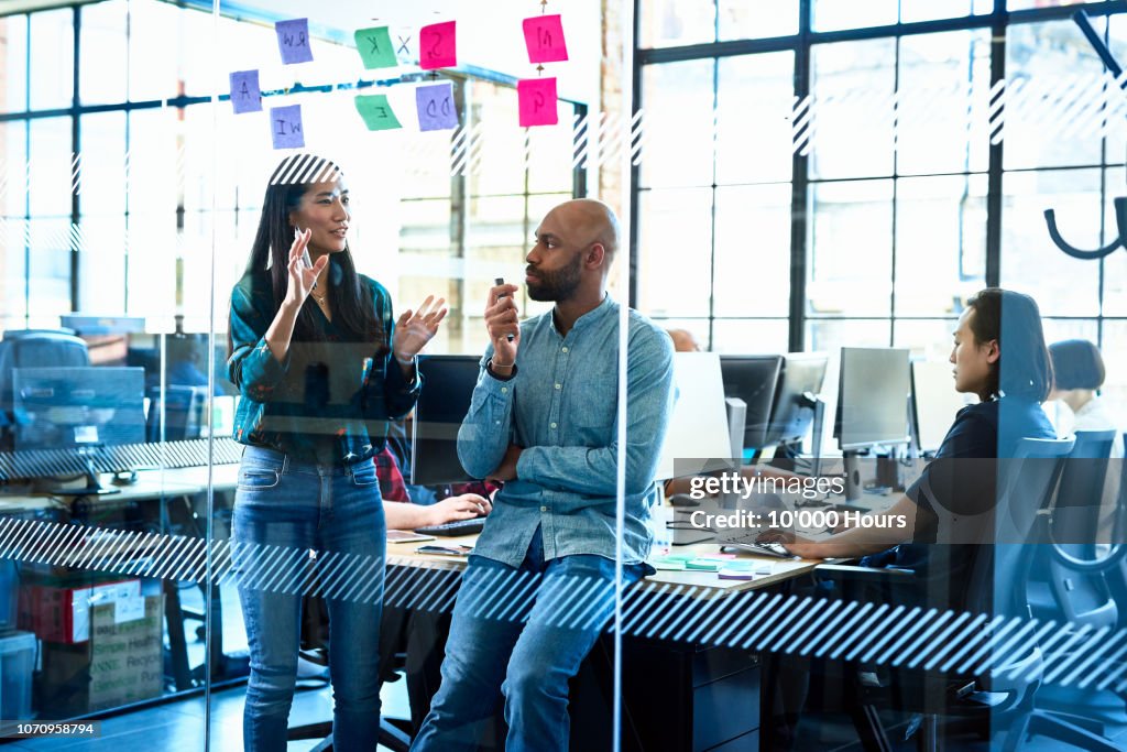 Confident Chinese woman talking to colleague in office