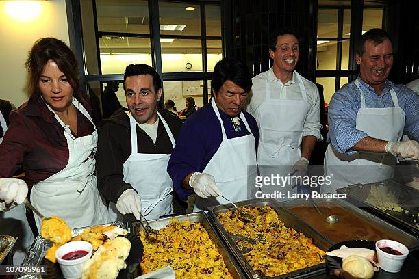 Actress Margaret Colin actor Mario Cantone, Ray Halbritter, Christopher Cuomo and Regional Sales Director NYC, Mike Brzostowski serve food at HELP...