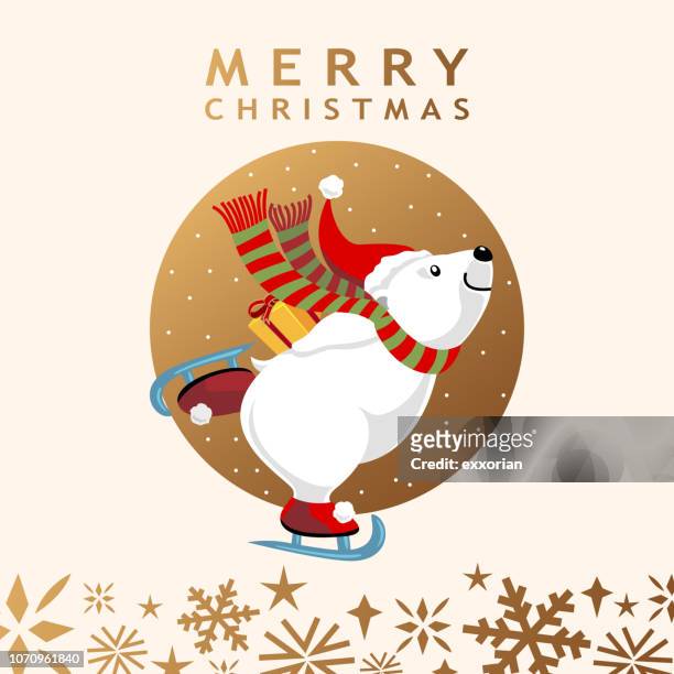 christmas polar bear holding present - ice skating christmas stock illustrations