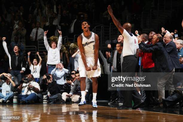 Nick Young of the Washington Wizards celebrates a made game-winning three-point shot in overtime against the Philadelphia 76ers at the Verizon Center...