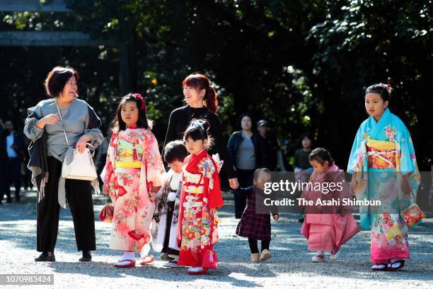 Children dressed in kimono visit the Atsuta Jingu Shrine for the Shichi-Go-San on November 10, 2018 in Nagoya, Aichi, Japan.
