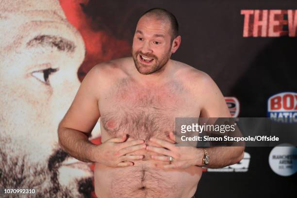27th April 2016 - World Heavyweight Boxing - Press Conference - Tyson Fury & Wladimir Klitschko - Tyson Fury stands with a bare chest speaking about...