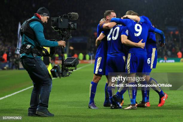 14th March 2016 - Barclays Premier League - Leicester City v Newcastle United - A television cameraman with a Steadicam rig films the Leicester goal...