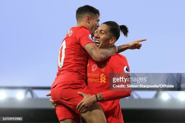 6th November 2016 - Premier League - Liverpool v Watford - Roberto Firmino of Liverpool celebrates with teammate Philippe Coutinho after scoring...