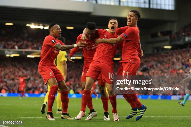 5th April 2016 - UEFA Europa League - Semi-Final - Liverpool v Villarreal - Liverpool players Nathaniel Clyne , Daniel Sturridge , Philippe Coutinho...