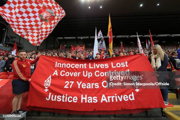 5th April 2016 - UEFA Europa League - Semi-Final - Liverpool v Villarreal - Liverpool fans display a banner celebrating the verdict of unlawful...